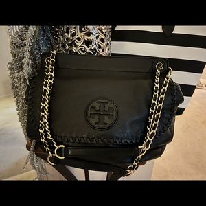 Authentic TORY BURCH Marion Black Gold Leather Flap Cross Body Shoulder Bag